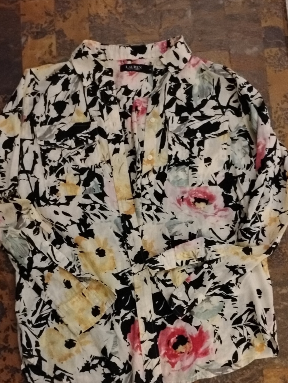 Ralph Lauren Black and White Floral Button-Down Shirt with Pastel Accents